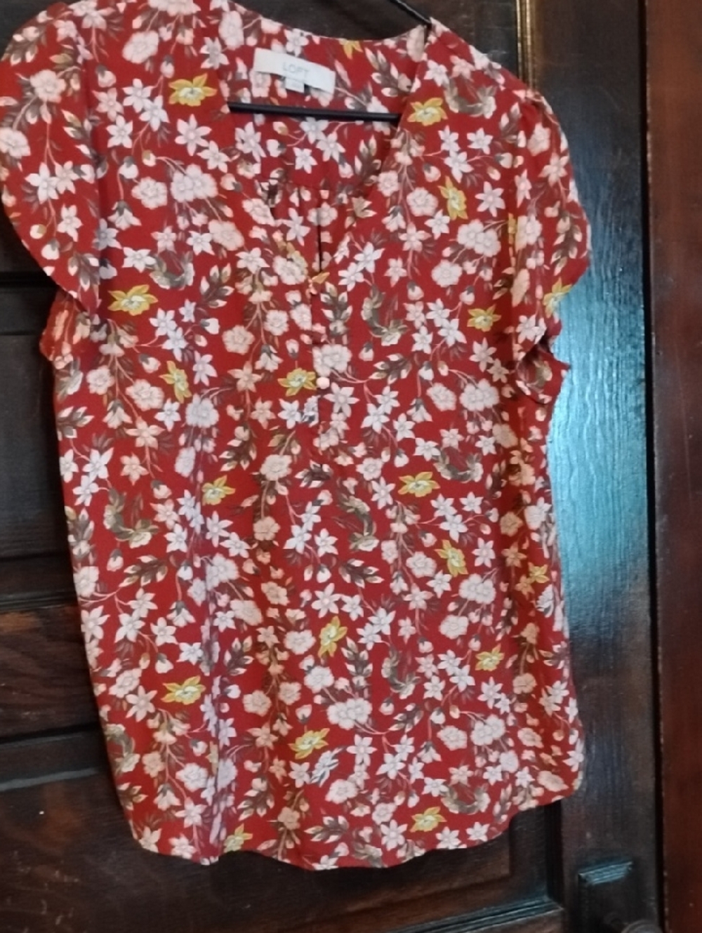 LOFT Rust Red Floral Cap-Sleeve Blouse